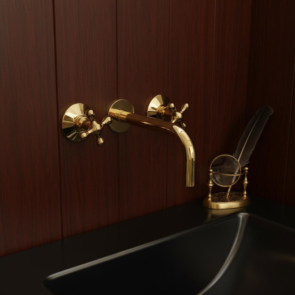 Gold faucet and handles on a dark wooden wall with a black sink.