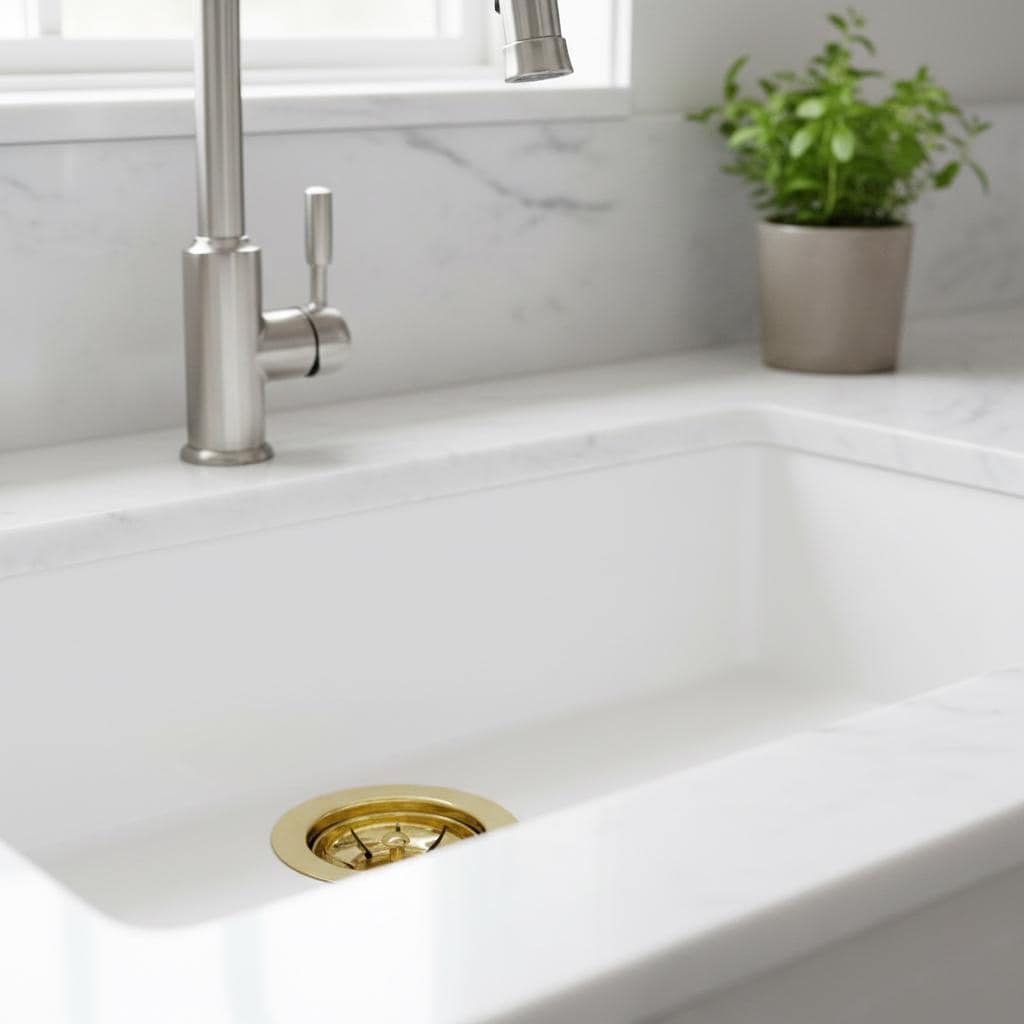 White kitchen sink with gold drain and stainless steel faucet, potted plant in the background.