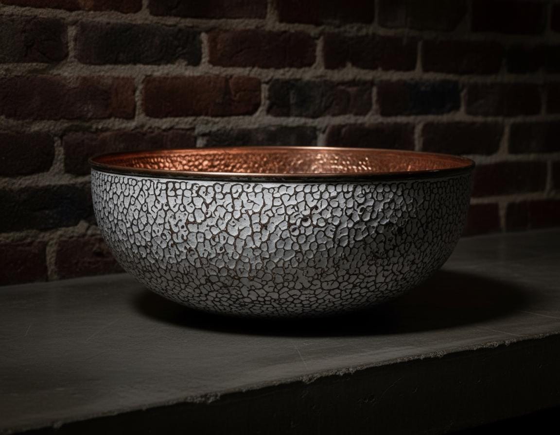 Decorative bowl with textured surface on a dark surface against a brick wall.