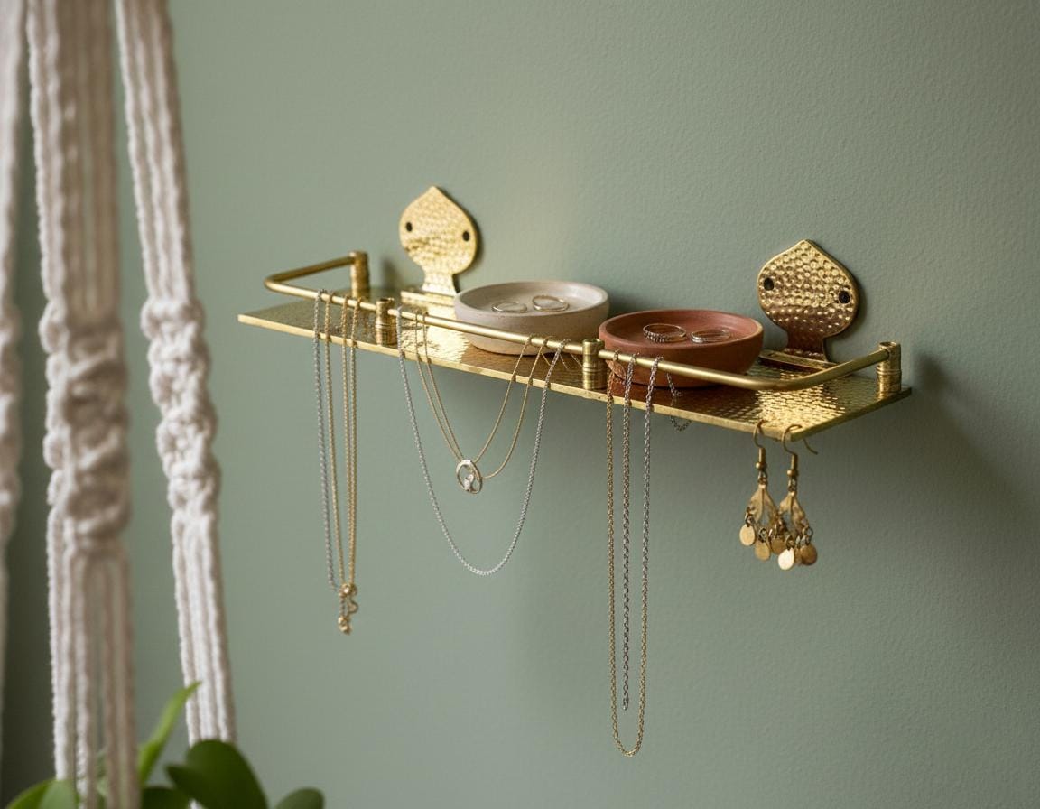 Gold jewelry shelf with necklaces and earrings against a green wall