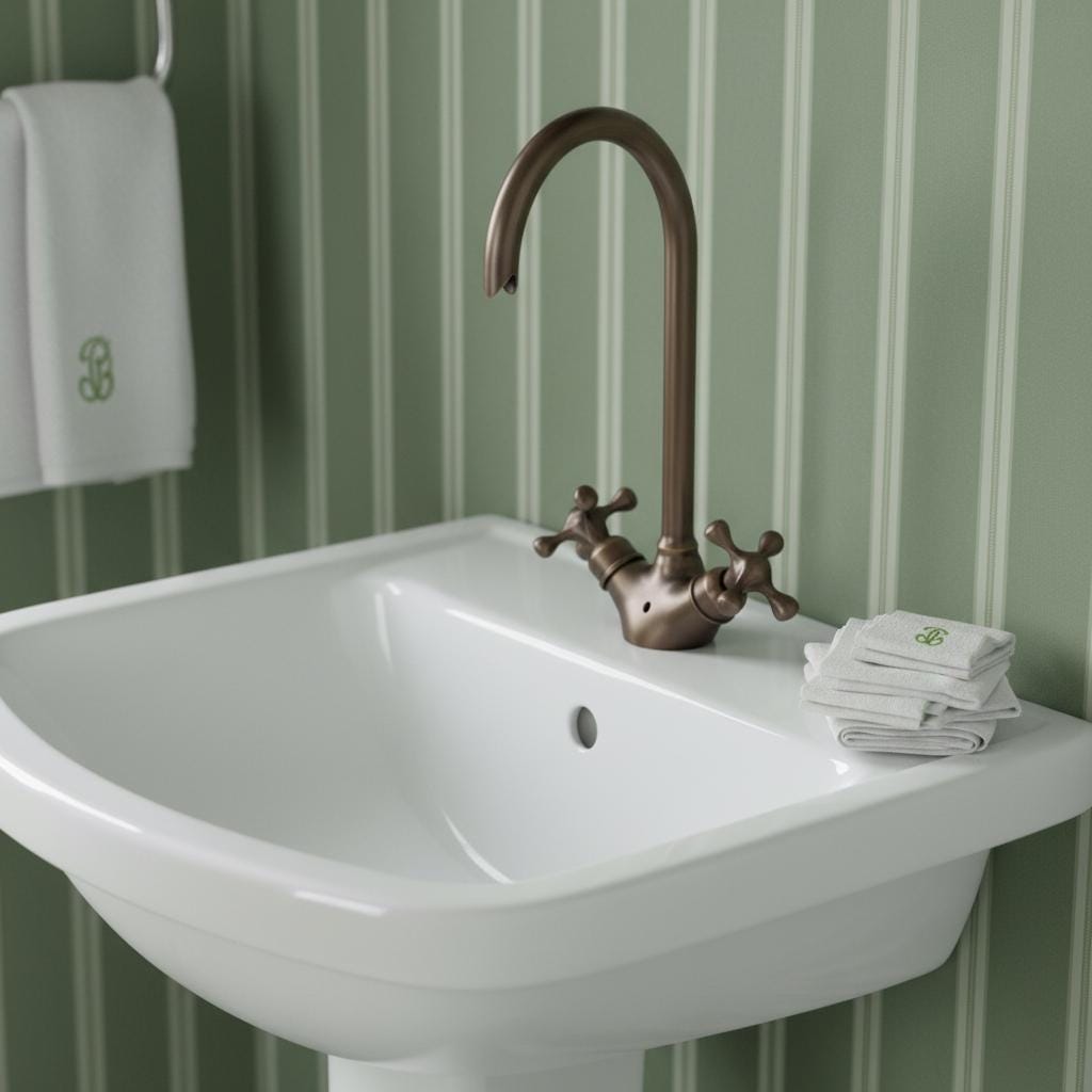 White sink with bronze faucet against a green striped wall