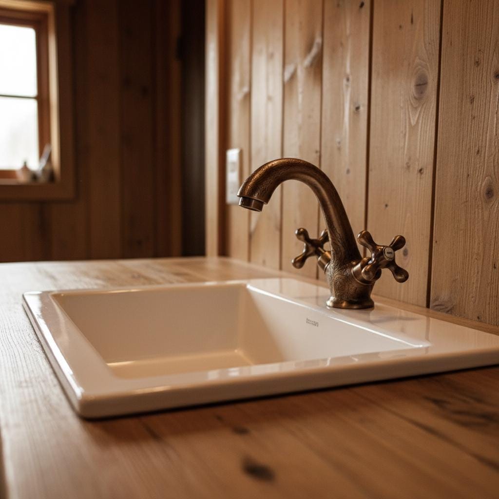 White sink with bronze faucet in a wooden bathroom