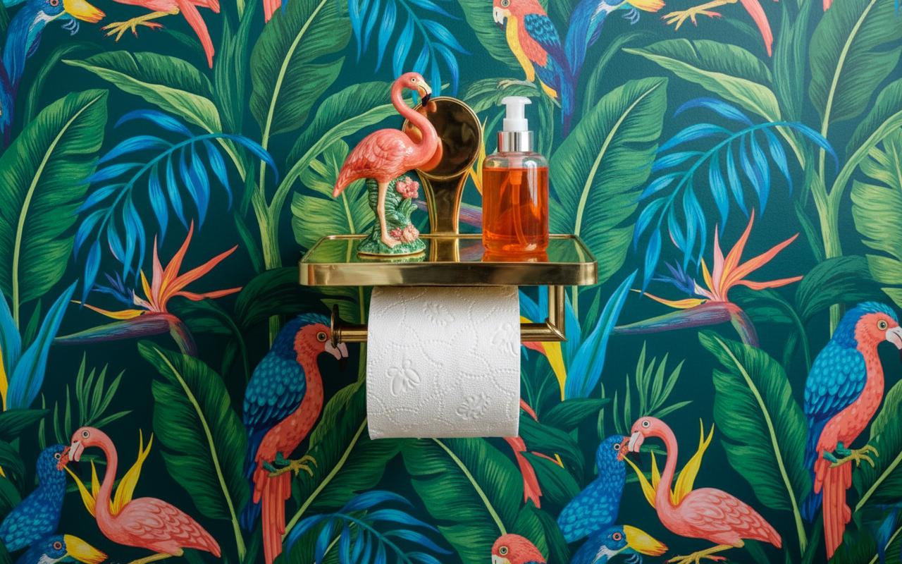 Tropical-themed bathroom with flamingo and parrot design on wallpaper, featuring a decorative holder with toiletries.