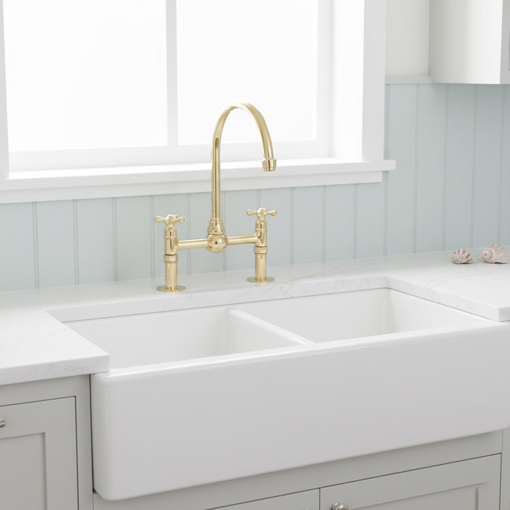 White kitchen sink with gold faucet in a bright room