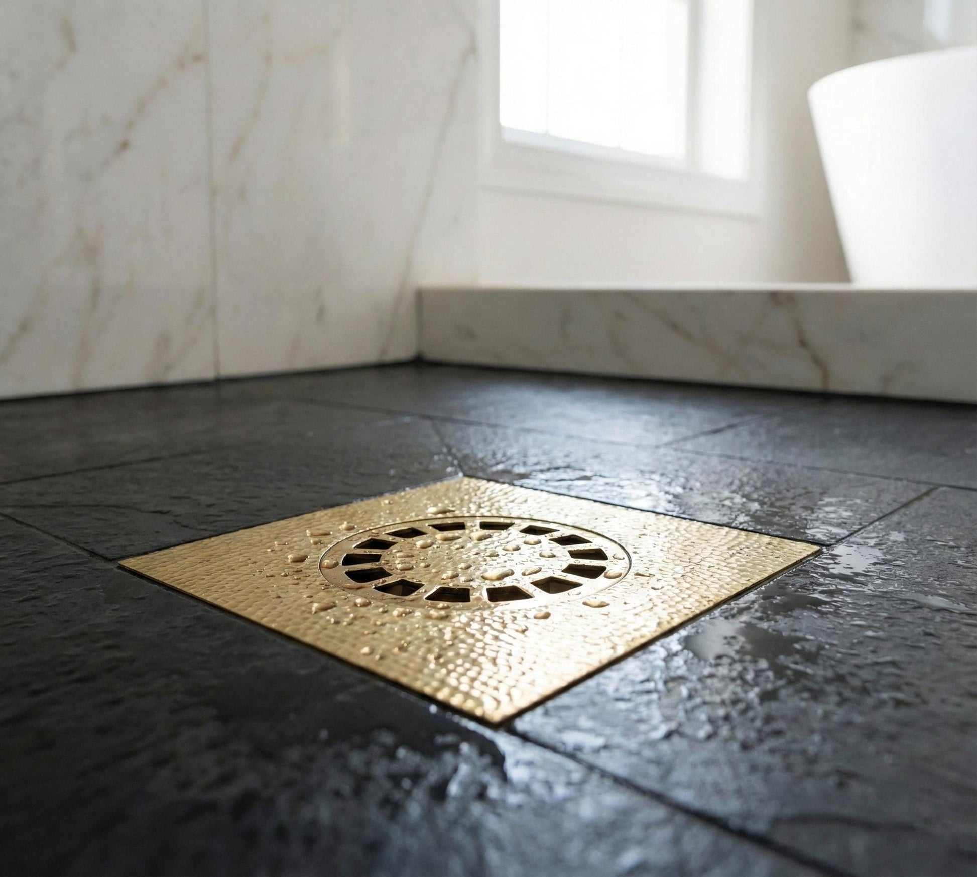 Gold shower drain cover on a tiled bathroom floor