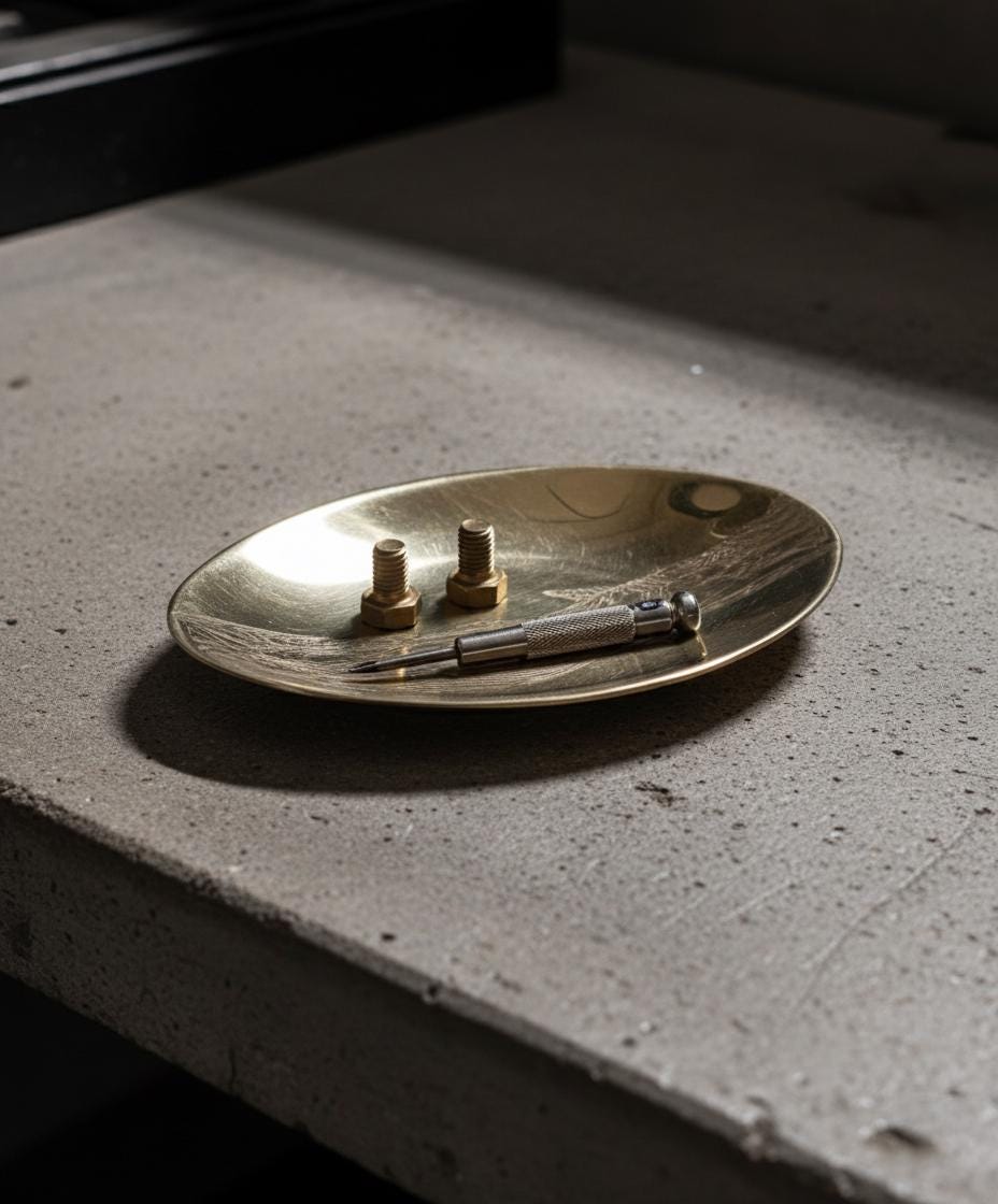 Brass tray with small objects on a concrete surface