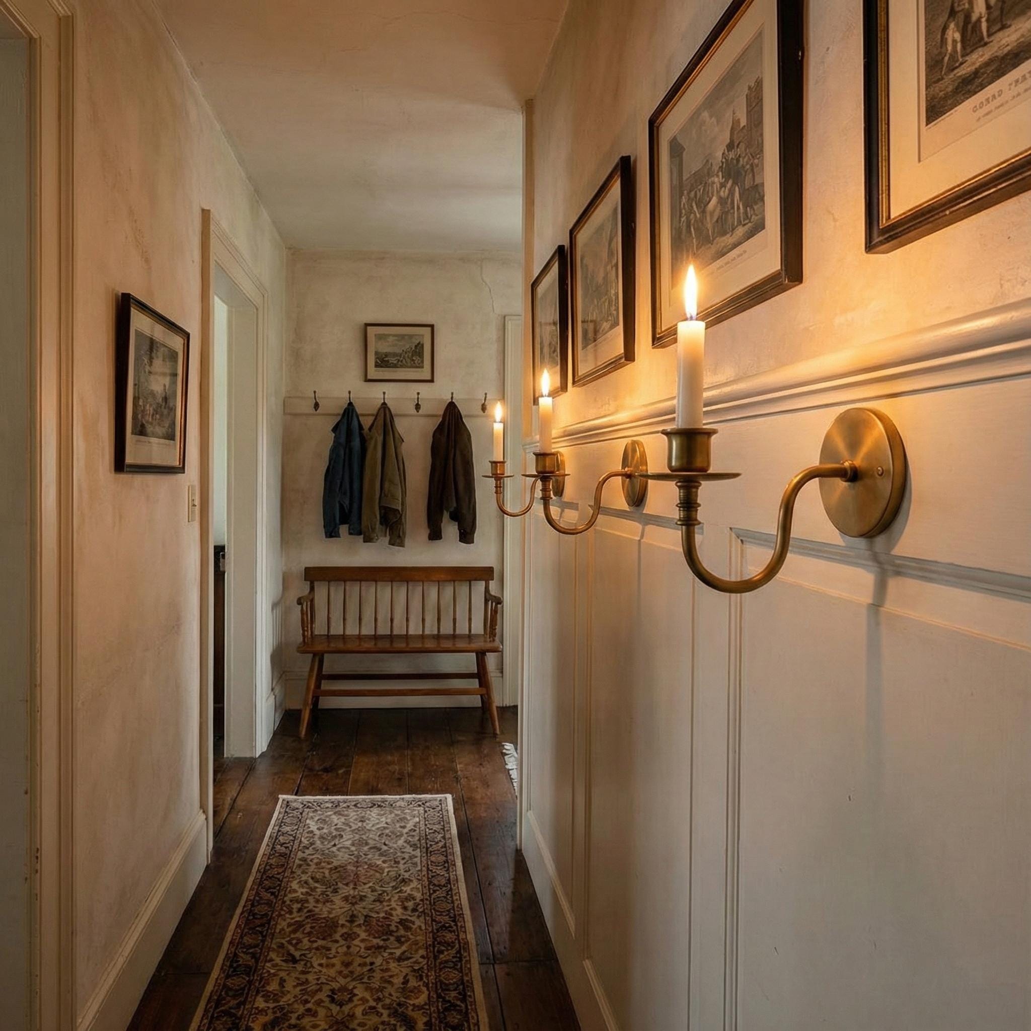 Narrow hallway with a wooden bench, hanging coats, and wall sconces.