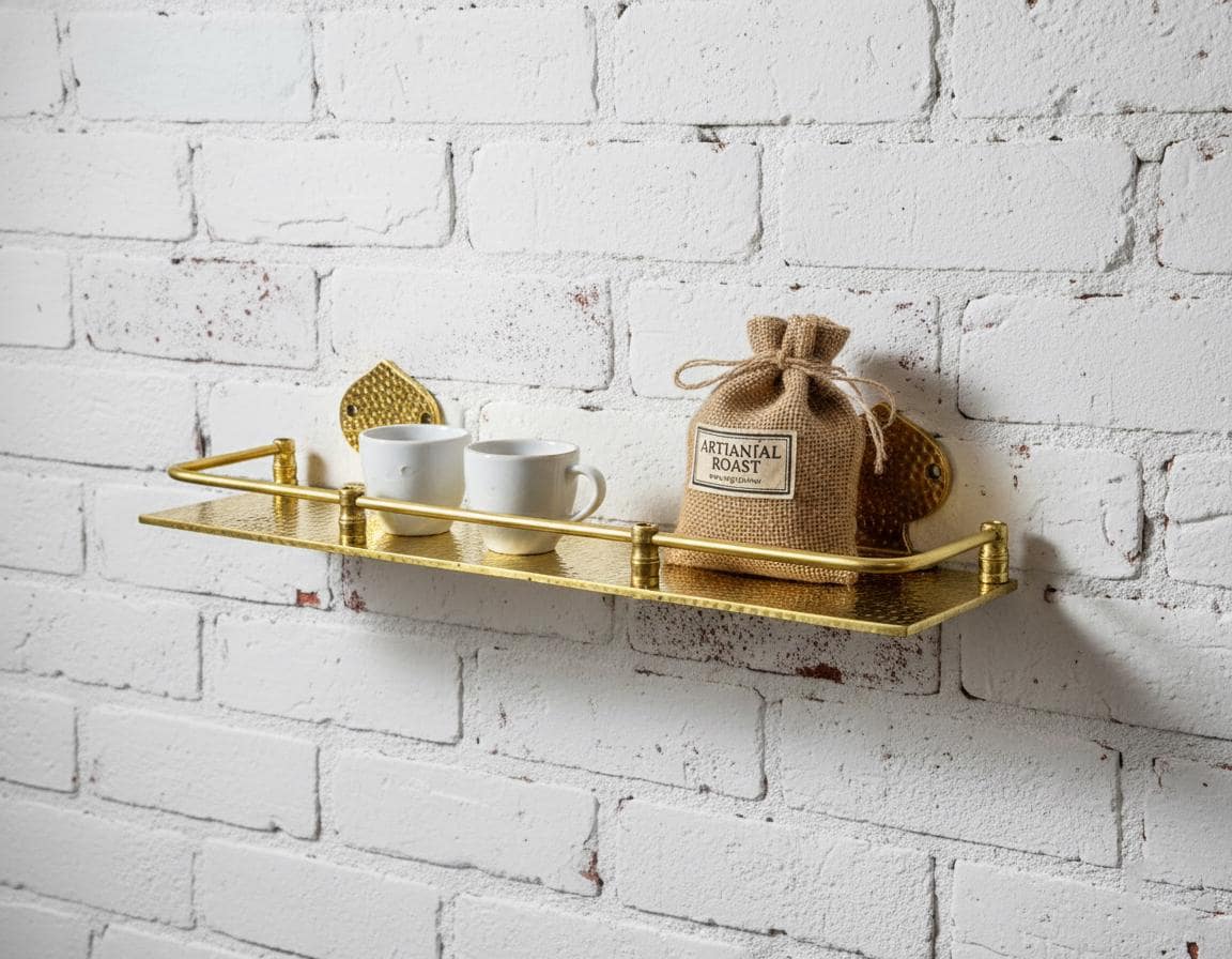 Gold shelf with white cups and a burlap bag against a white brick wall