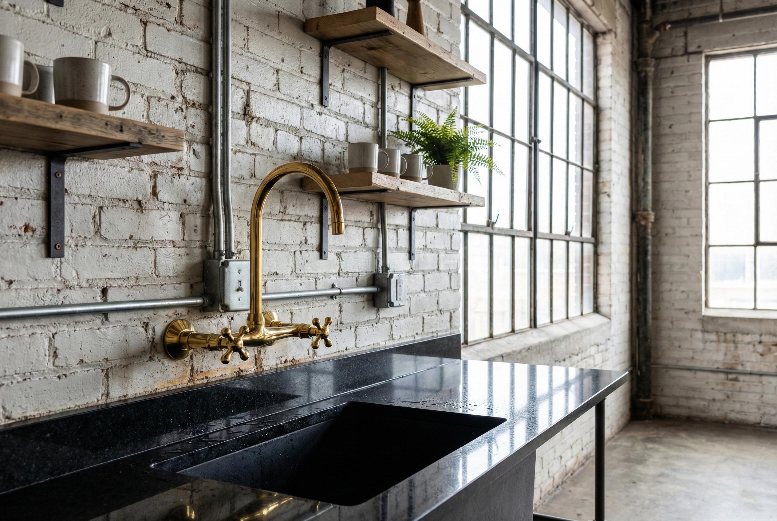 Modern kitchen with black countertop, gold faucet, and brick wall.