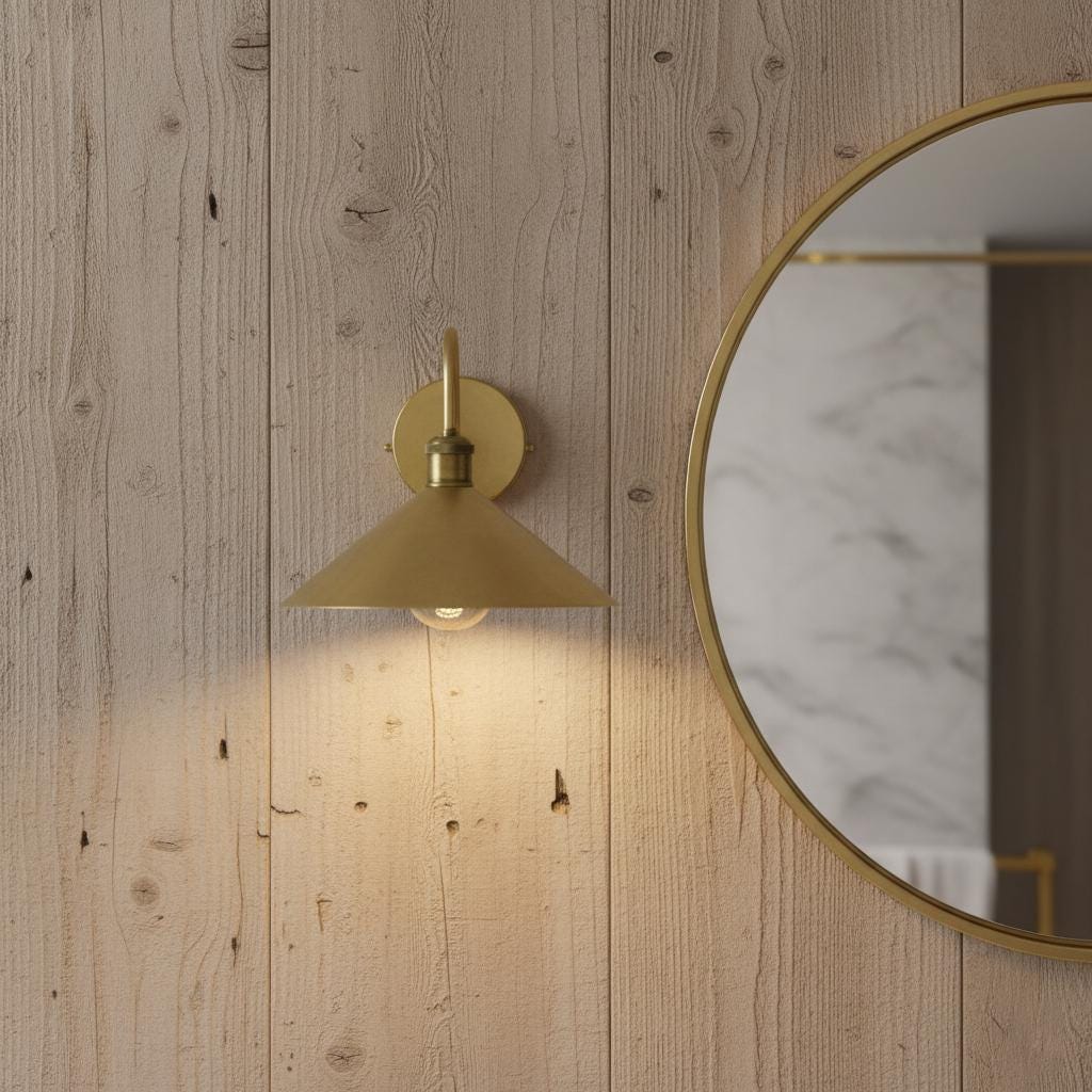 Gold wall sconce and round mirror on a wooden wall
