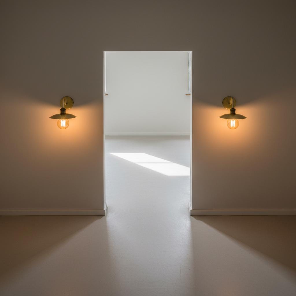White door between two rooms with wall sconces on either side.