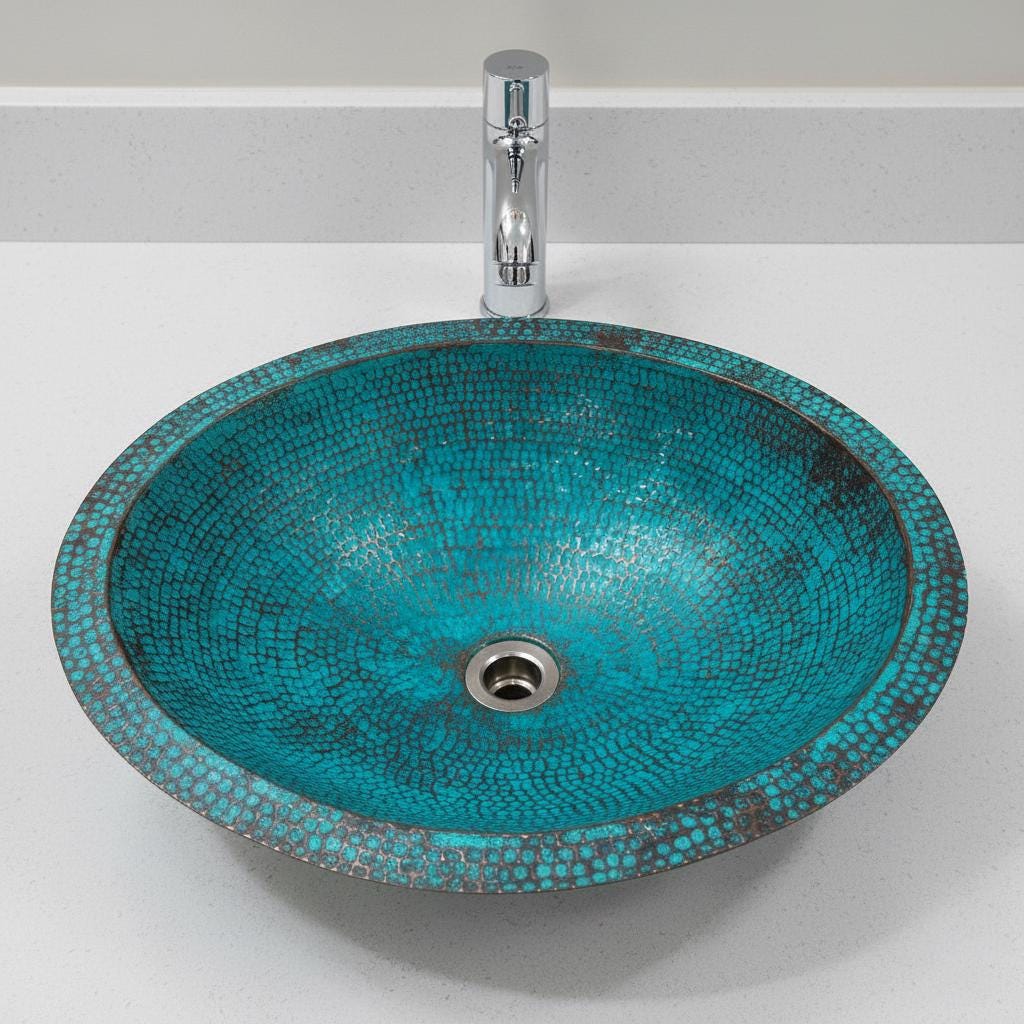 Blue copper sink with a faucet on a white countertop