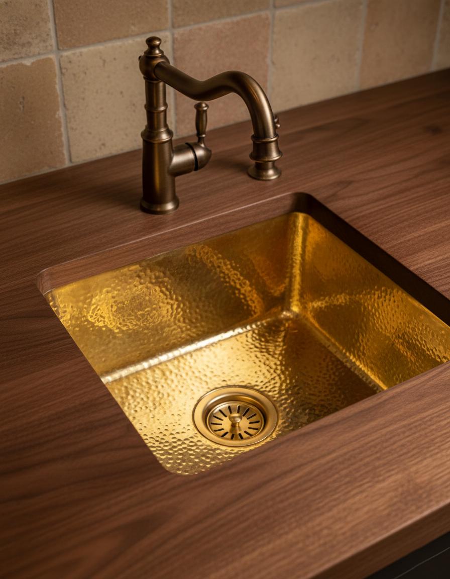 Gold sink with bronze faucet on a tiled countertop with patterned backsplash