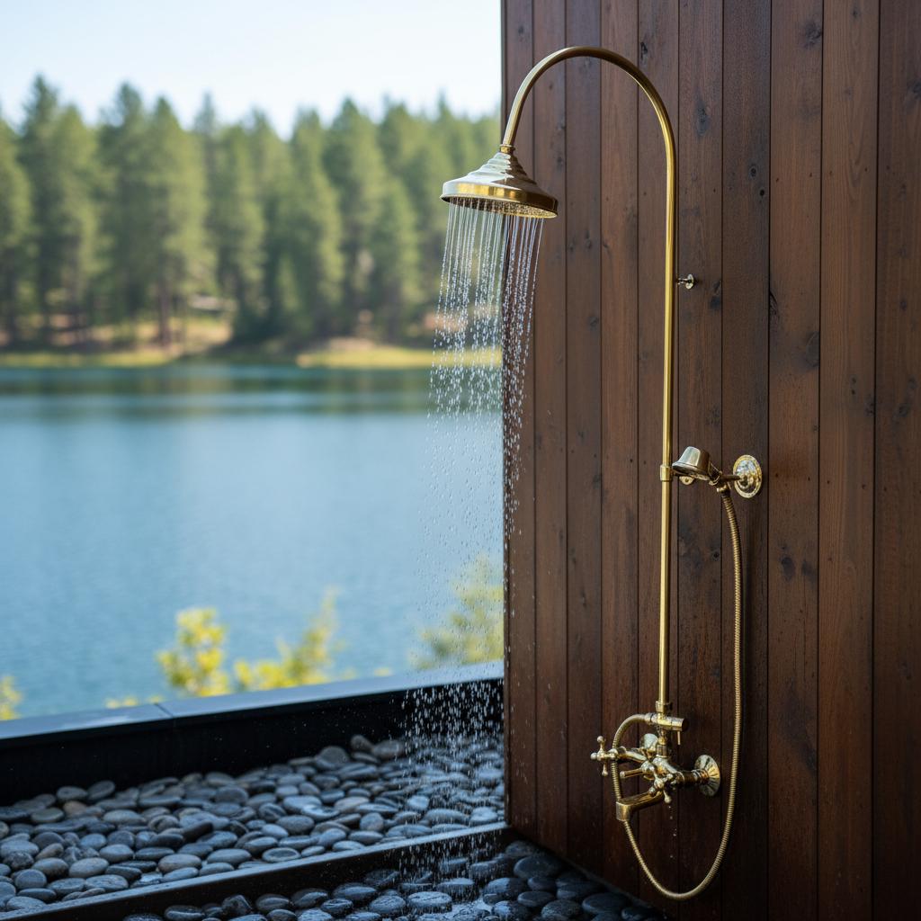 Gold outdoor shower head with a scenic view of a lake and trees.