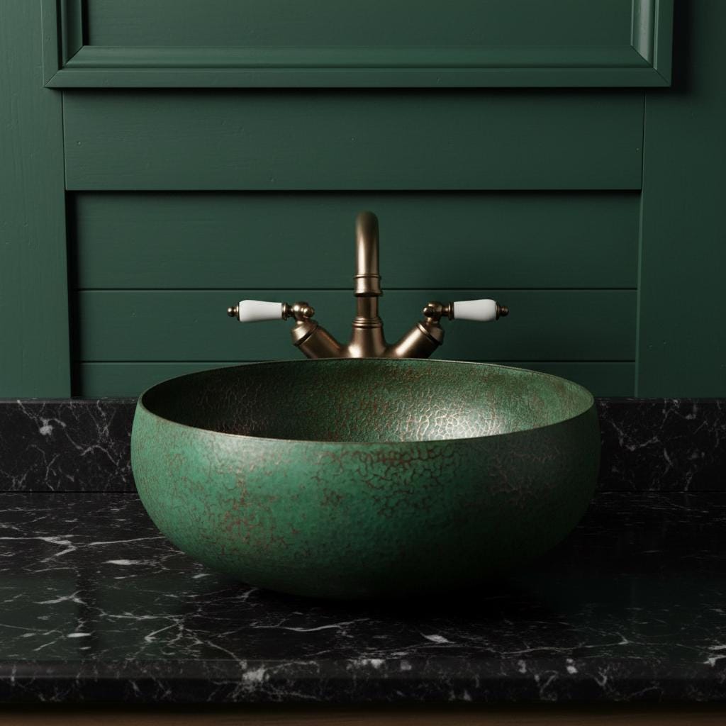 Green sink with bronze faucet against a green wall