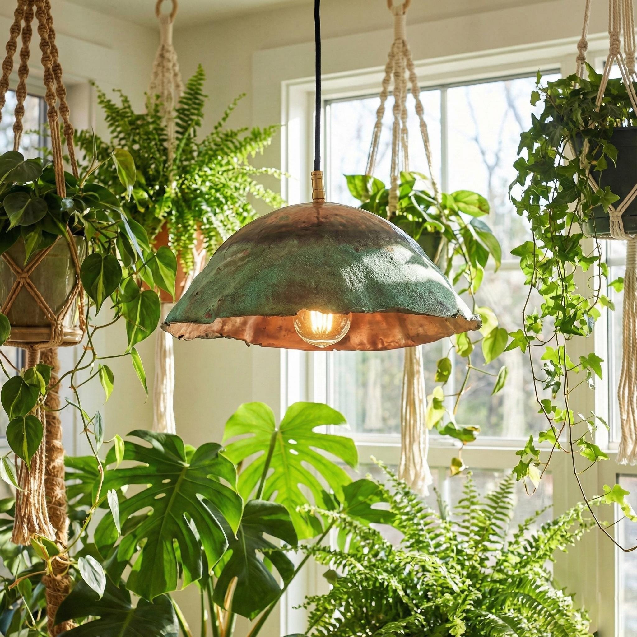 Hanging green lampshade with plants in a sunlit room