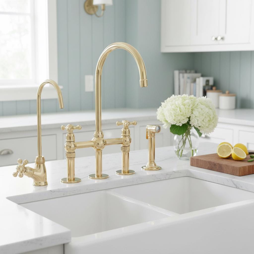 Gold kitchen faucet set on a white countertop with a light blue wall and cabinets in the background.