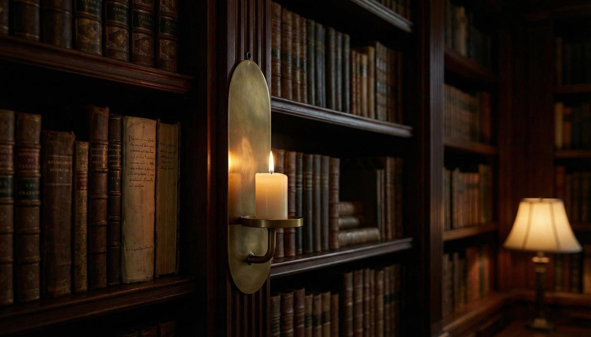 Dark library with bookshelves and a candlelit atmosphere