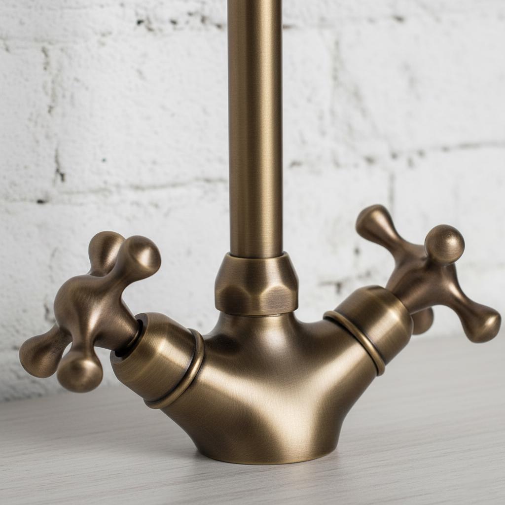 Bronze faucet on a light gray background