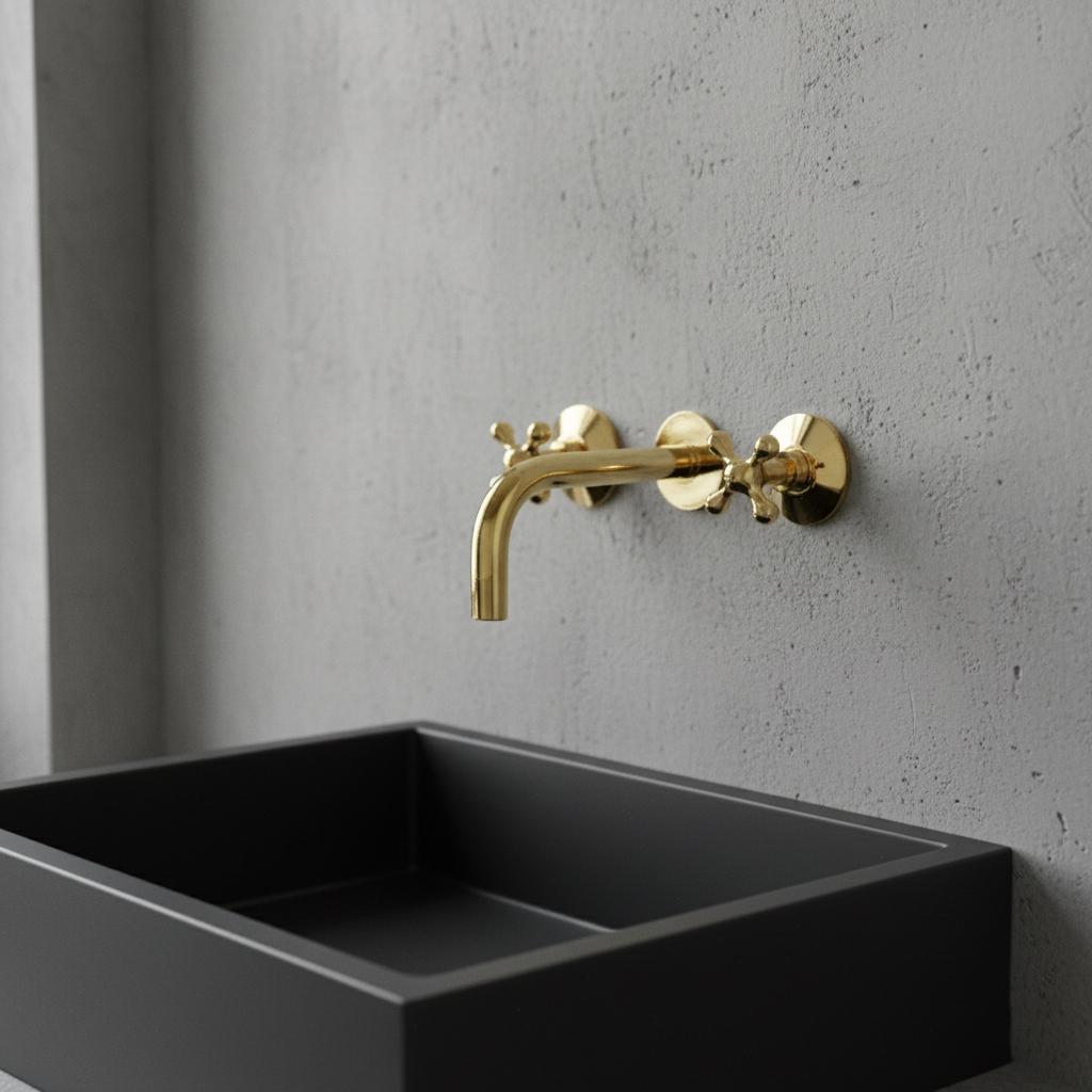 Gold wall-mounted faucet over a black sink against a gray concrete wall.