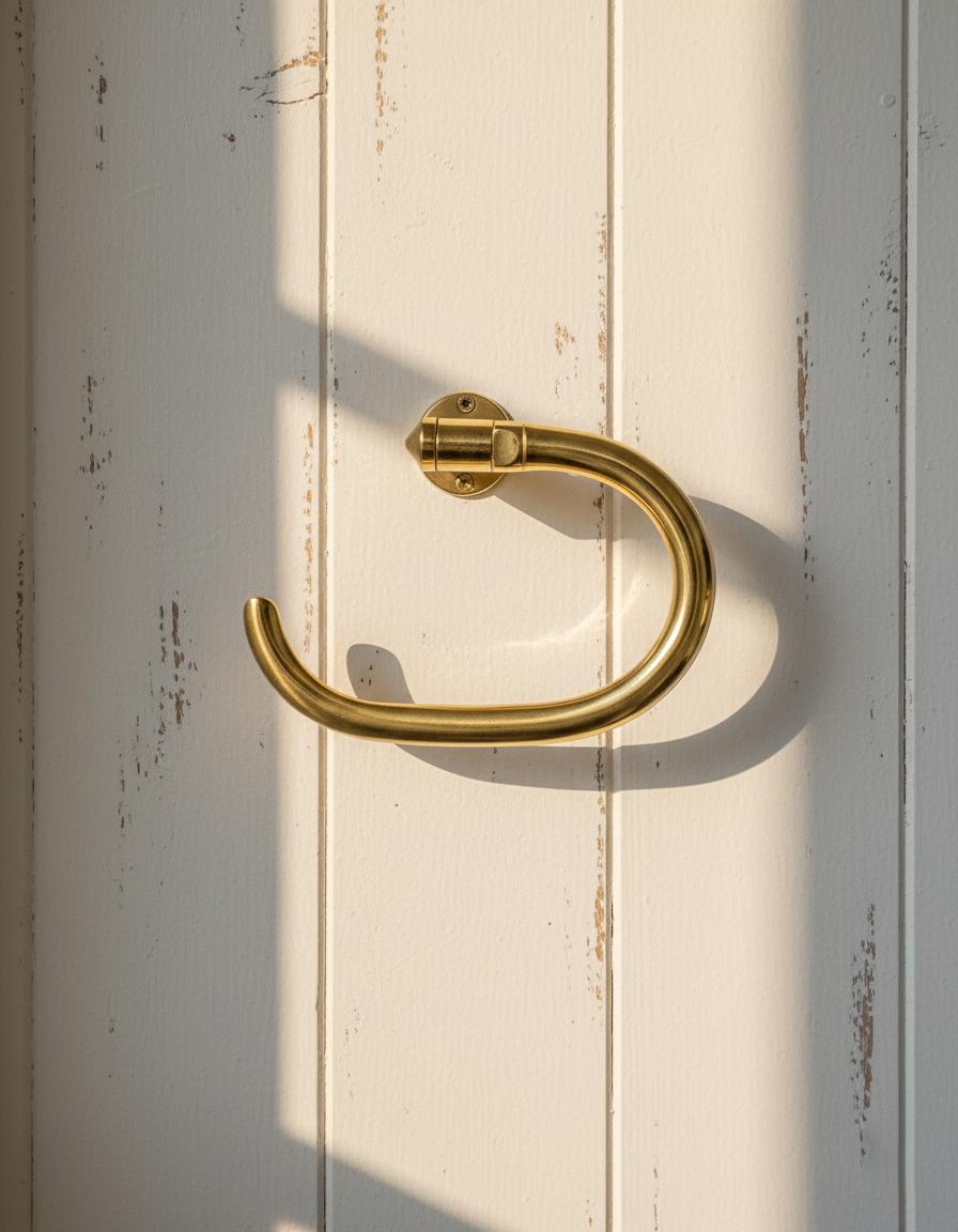 Gold door handle on a white wooden door