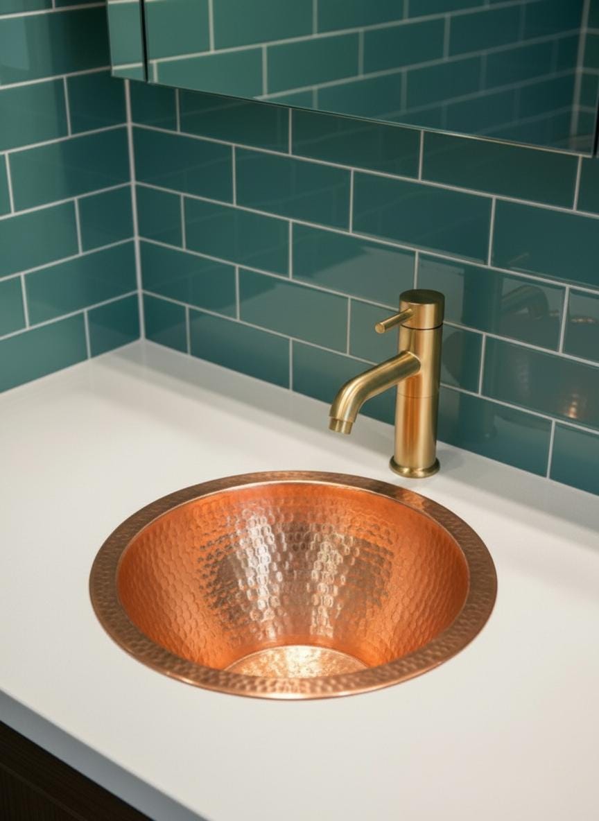 Copper sink with gold faucet against a teal tiled wall