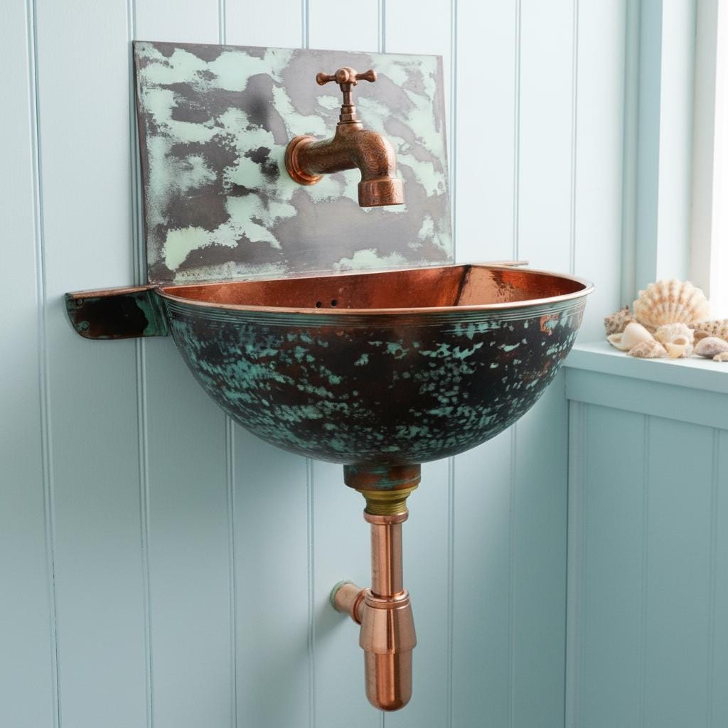 Copper sink with faucet against a light blue wall