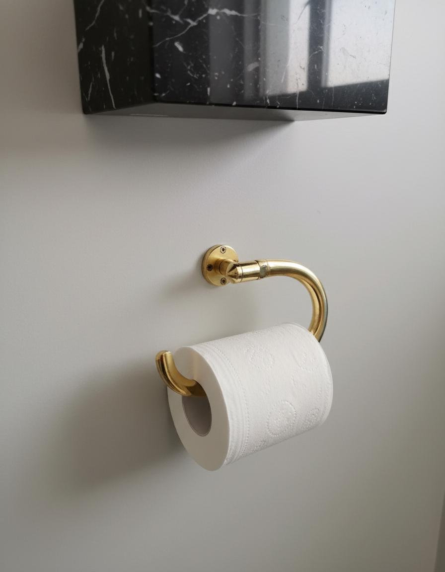 Gold toilet paper holder with a roll of toilet paper on a white wall.