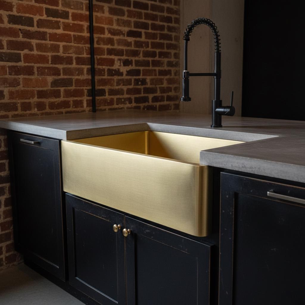 Brass farmhouse sink in a kitchen with black cabinets and a brick wall.