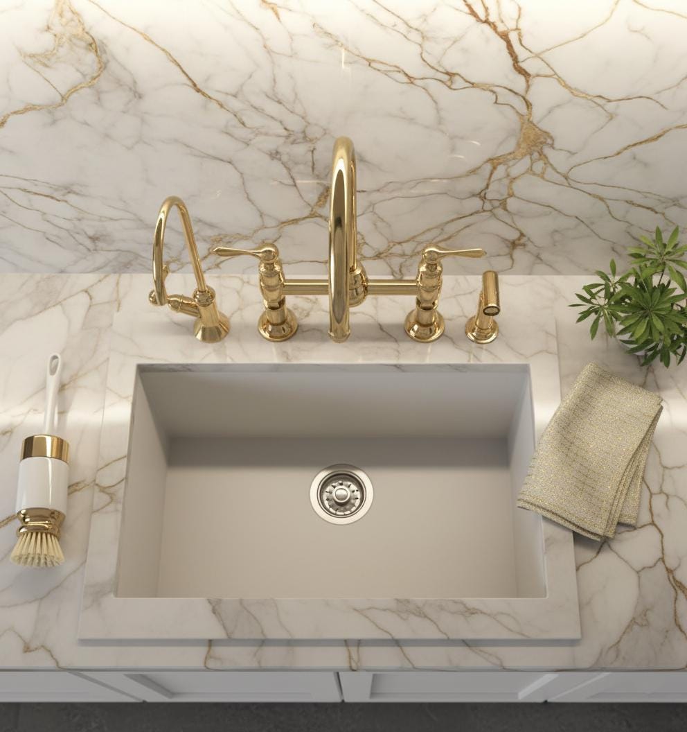 Modern kitchen sink with gold faucet on marble countertop
