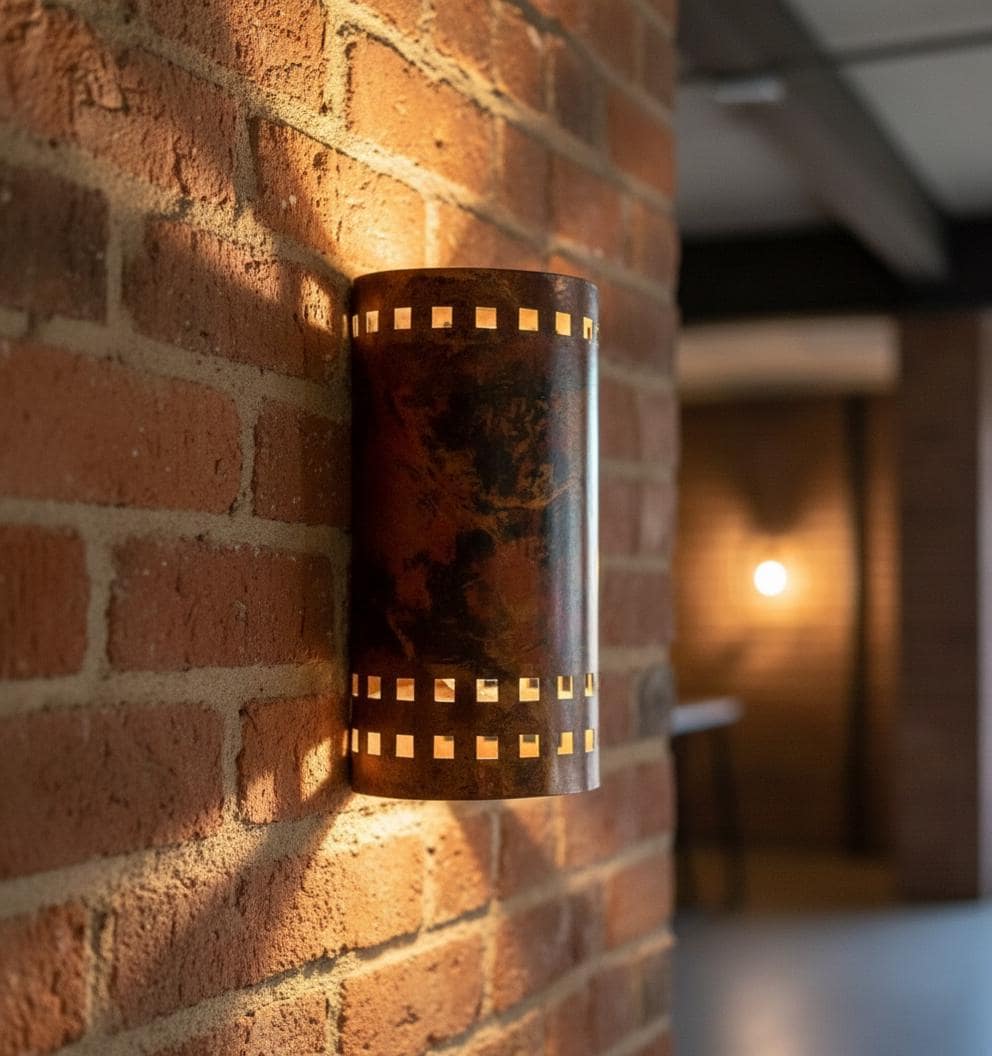 Cylindrical copper wall sconce on a stone wall