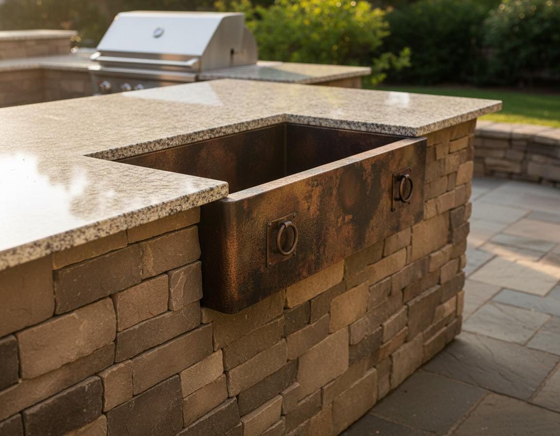 Outdoor kitchen counter with stone design and built-in sink.