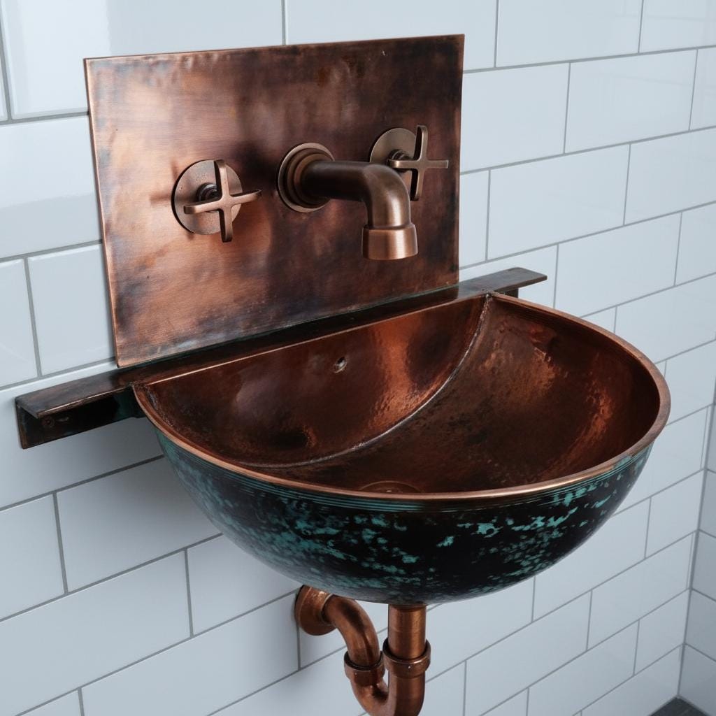 Copper wall-mounted sink with faucet against a white tiled wall