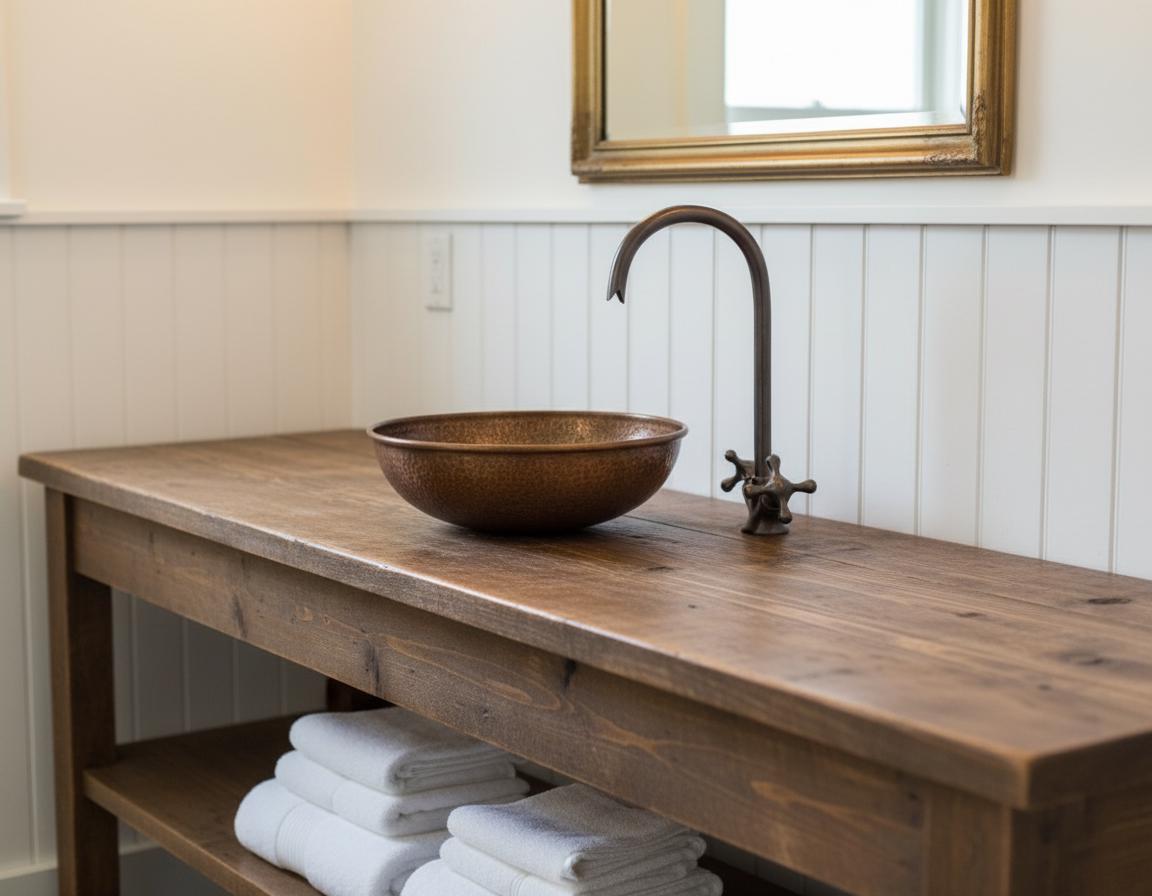 Wooden vanity with a copper sink and faucet in a bathroom setting.