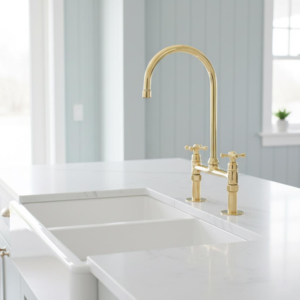 Gold kitchen faucet and sink in a modern kitchen setting