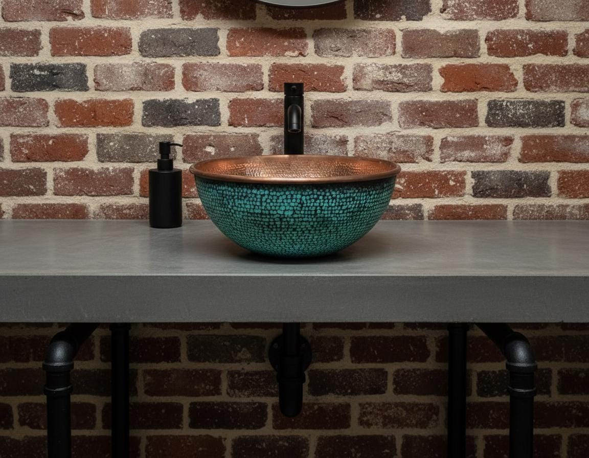 Turquoise mosaic sink on a concrete countertop with a brick wall background