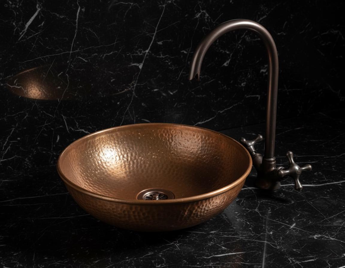 Copper sink with faucet on a dark marble background