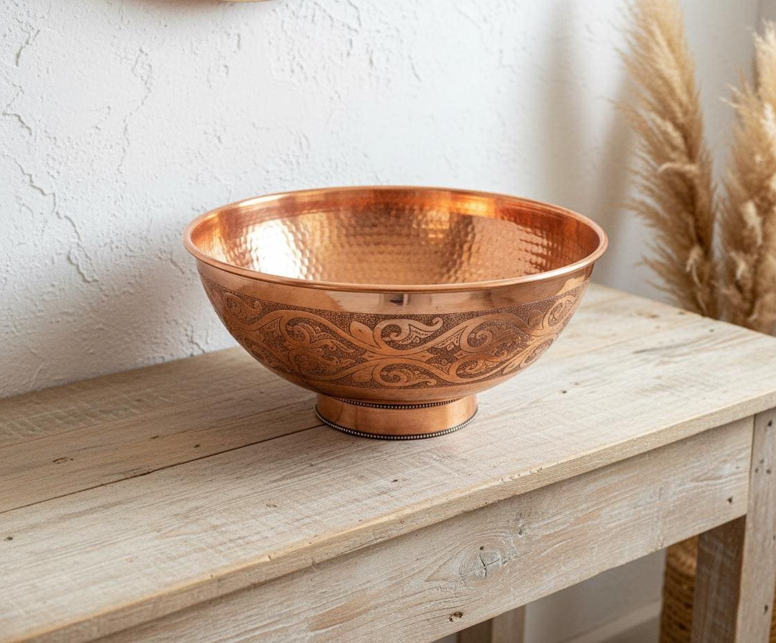 Copper bowl with embossed design on a wooden surface