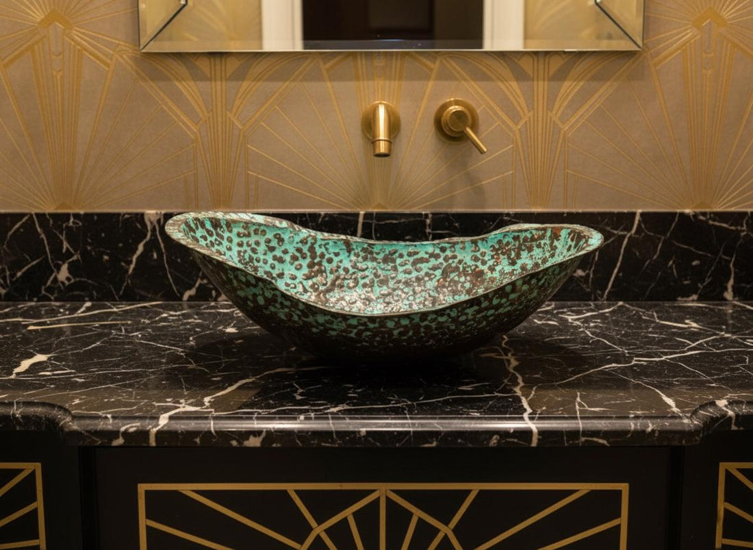 Decorative green sink with a faucet on a beige countertop