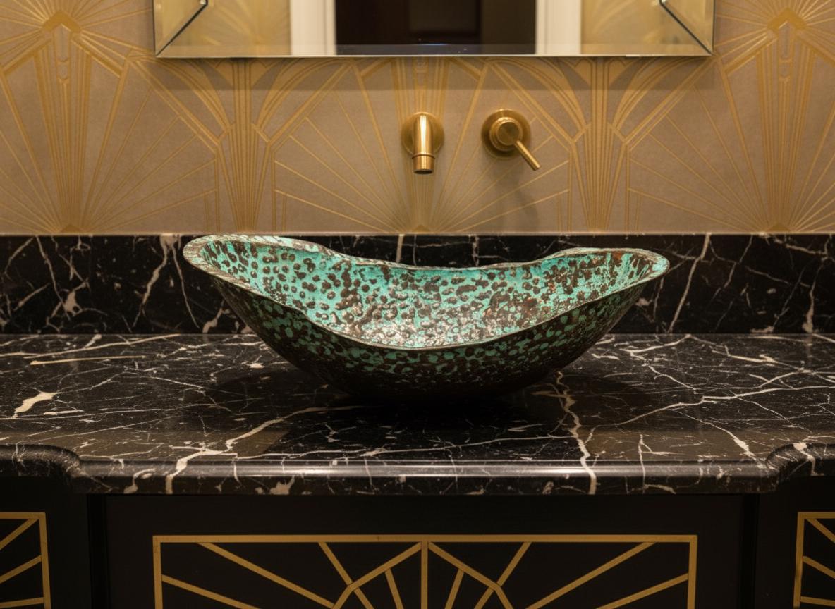 Decorative sink with gold fixtures on a black marble countertop with gold accents.