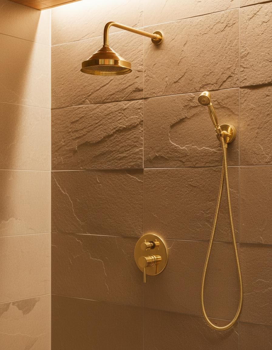 Gold shower head and control valve mounted on a tiled wall