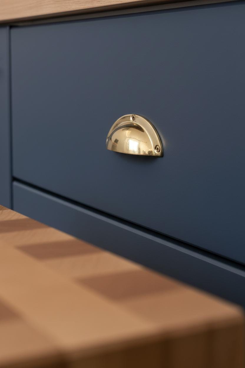 Blue drawer with a gold handle on a wooden surface