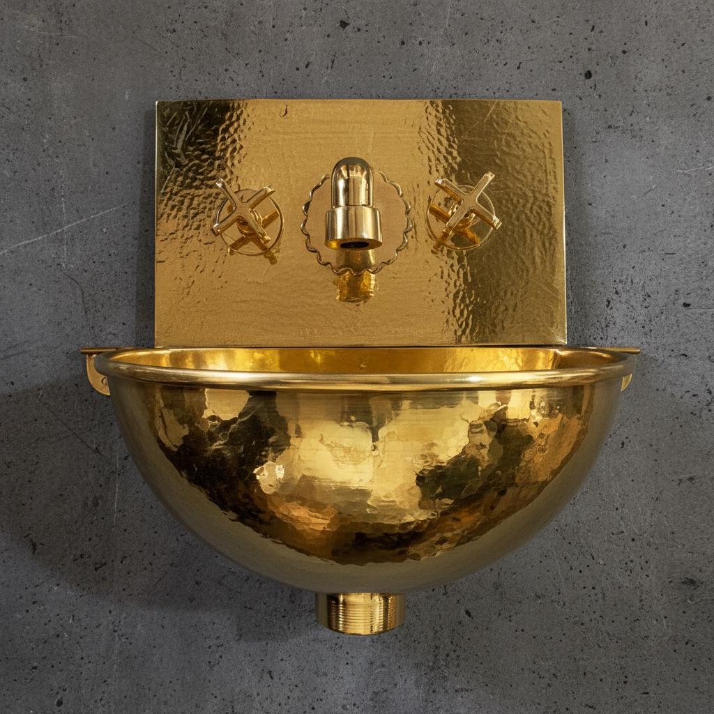 Gold wall-mounted sink with decorative design on a gray concrete background