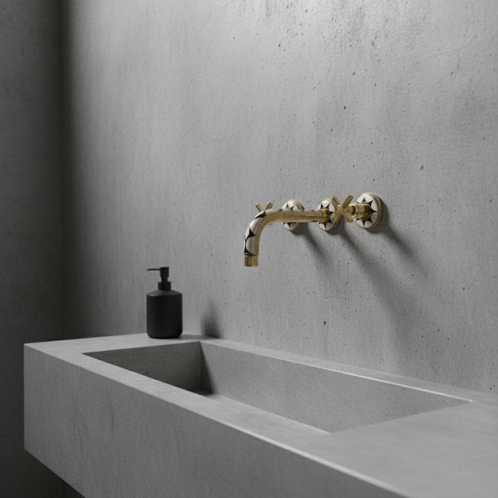 Modern bathroom setup with a gold faucet and concrete sink against a gray wall.