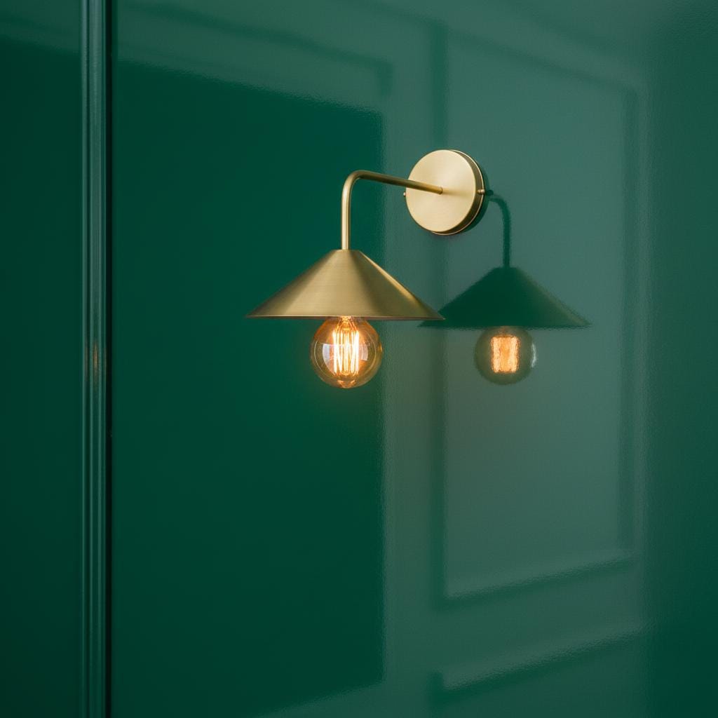 Gold wall-mounted lamp with a single bulb on a green wall