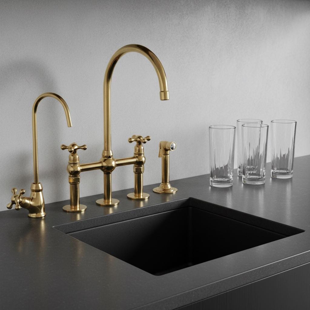 Gold kitchen faucet set with a black sink on a gray countertop.