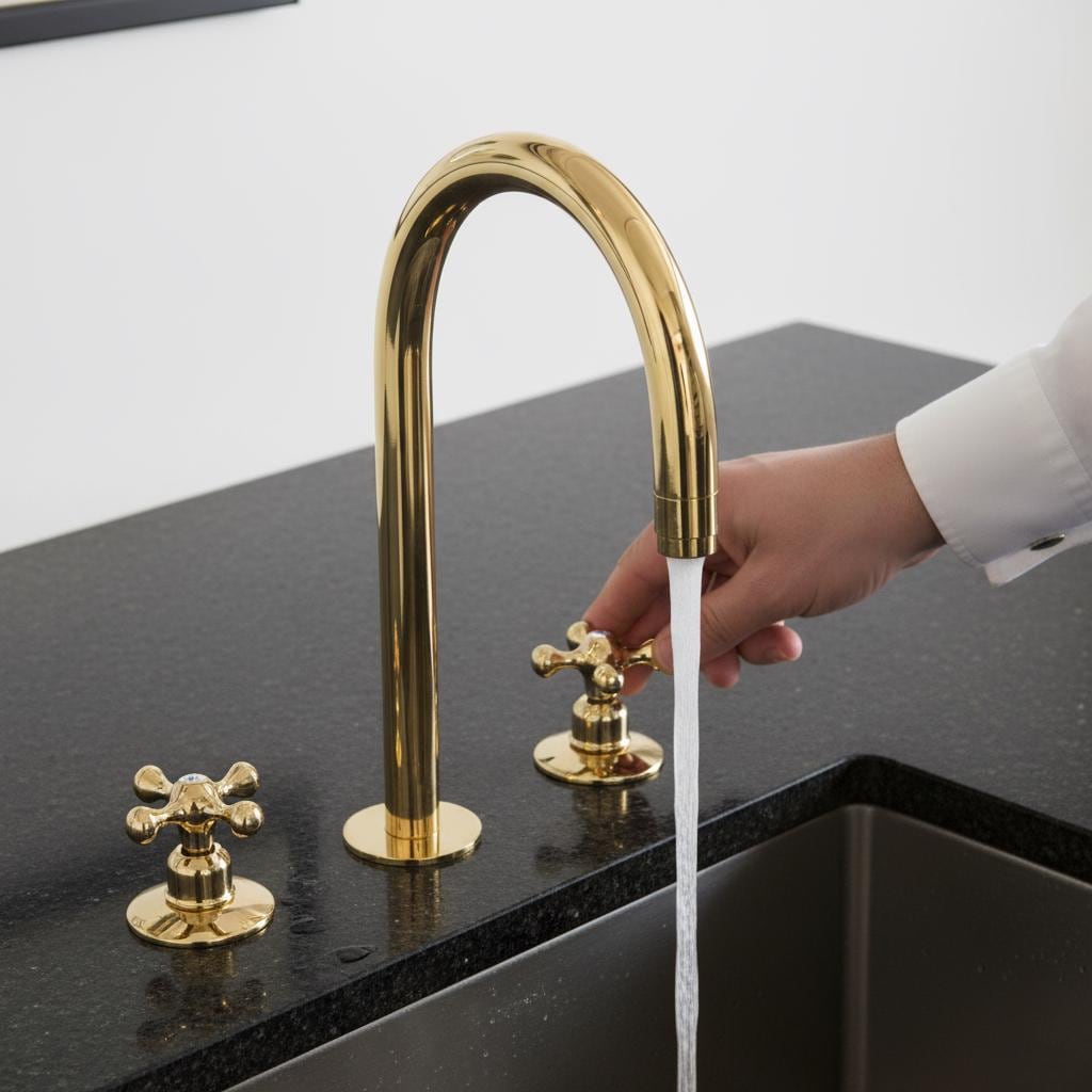 Gold kitchen faucet with a hand turning the handle on a black countertop.
