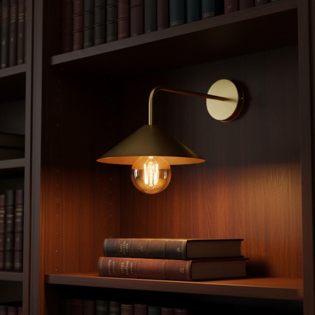 Wall-mounted lamp with a lit bulb on a bookshelf filled with books