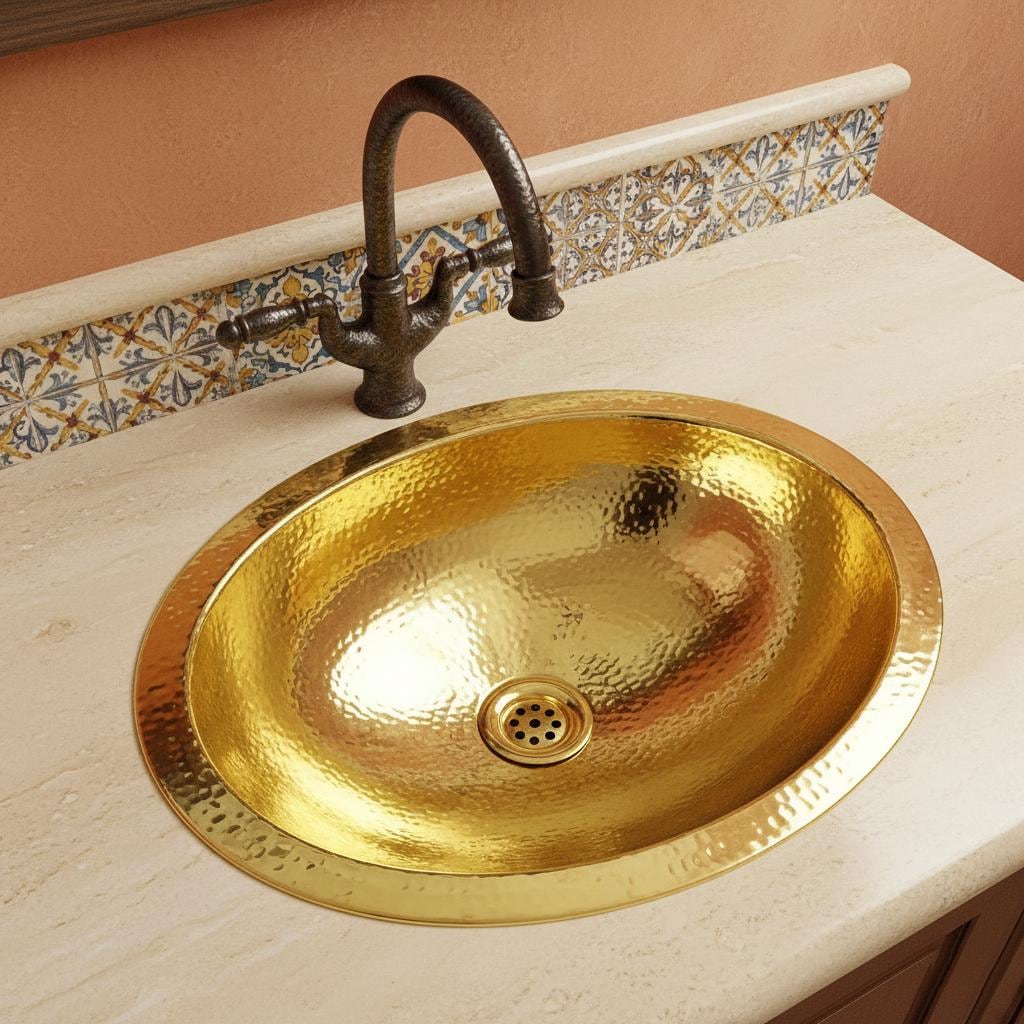 Gold sink with bronze faucet on a beige countertop