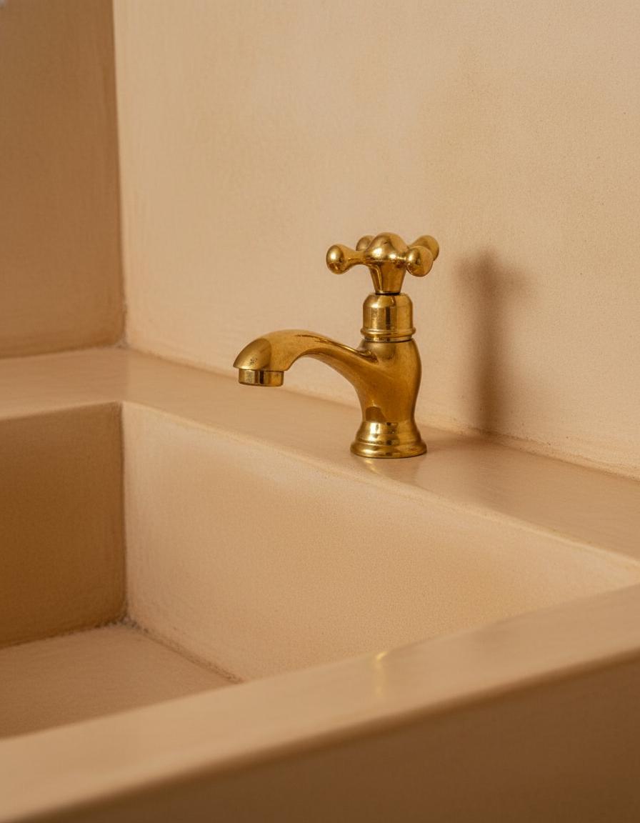 Gold faucet on a beige sink with a neutral background